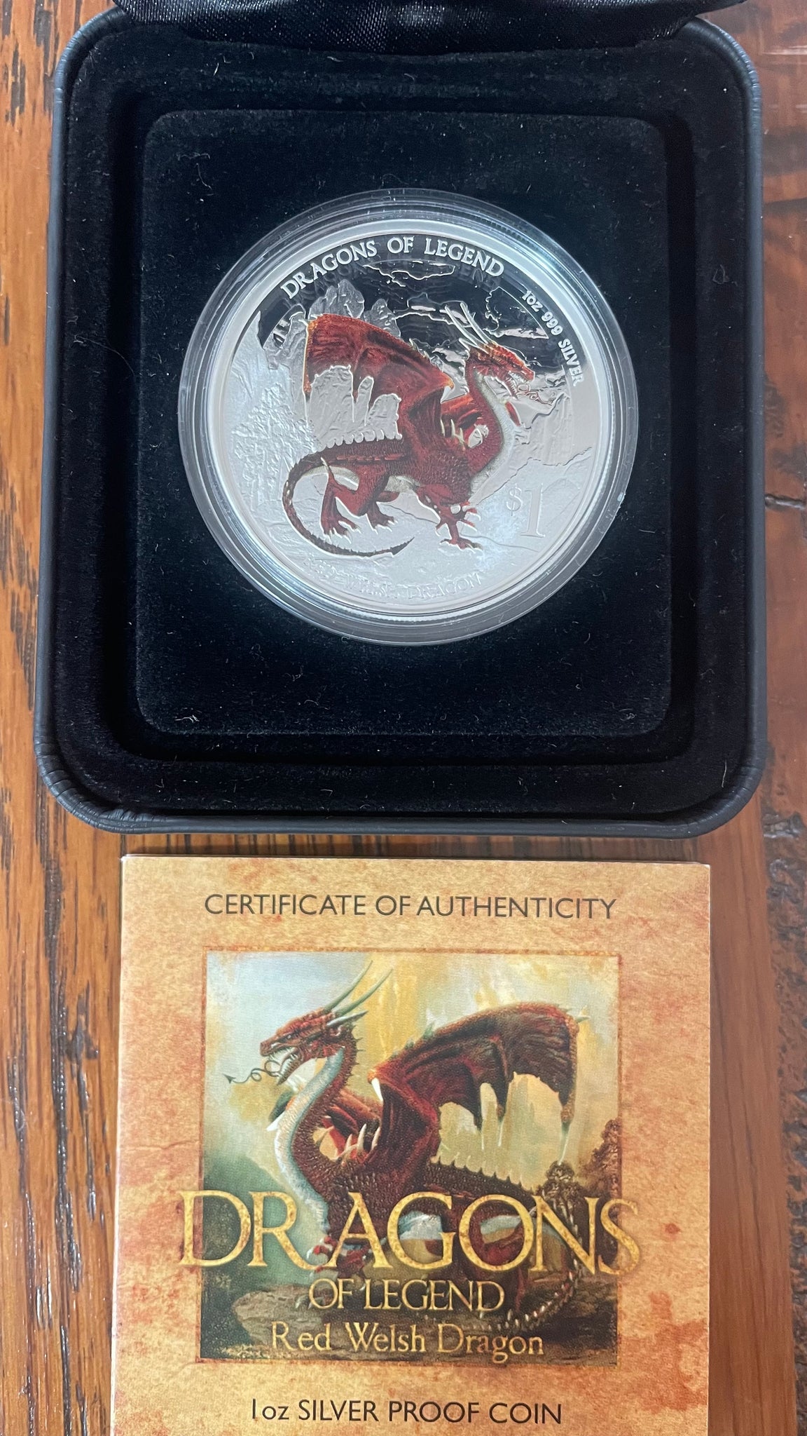 Tuvalu 2012 Perth Mint Coloured Dragons of Legend $1 Red Welsh Dragon Silver Proof Coin