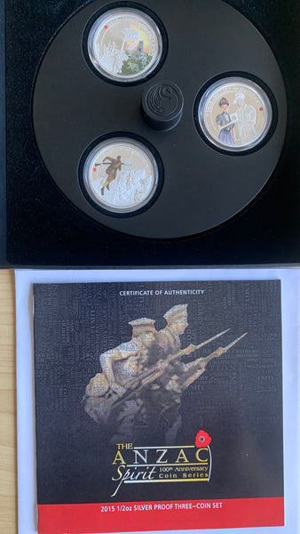 Australia 2015 Perth Mint  ANZAC 1/2oz .999  set of 3 Silver Proof Coins