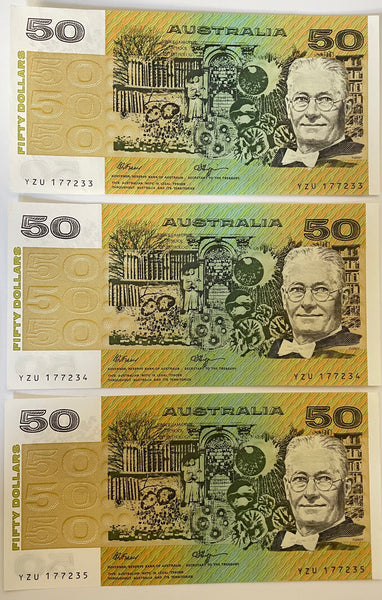 Australia 1990 $50 Fraser/Higgins Banknote Run of 3. R512