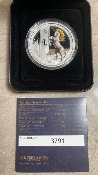 Tuvalu 2013 Perth Mint Colour Mythical Creatures $1 Unicorn Silver Proof Coin