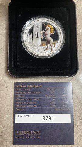 Tuvalu 2013 Perth Mint Colour Mythical Creatures $1 Unicorn Silver Proof Coin