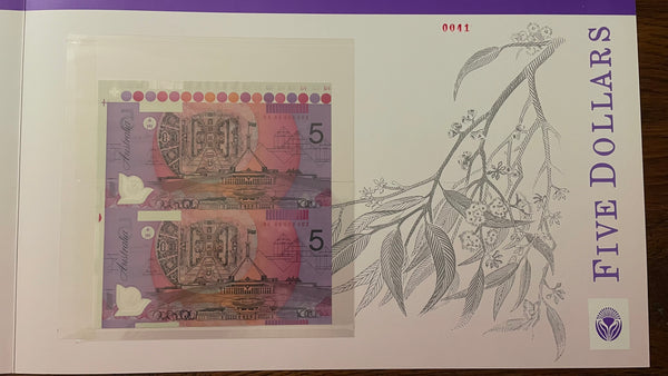 Australia 1996 $5 Polymer Fraser/Evans Uncut Pair Red serial number Banknote