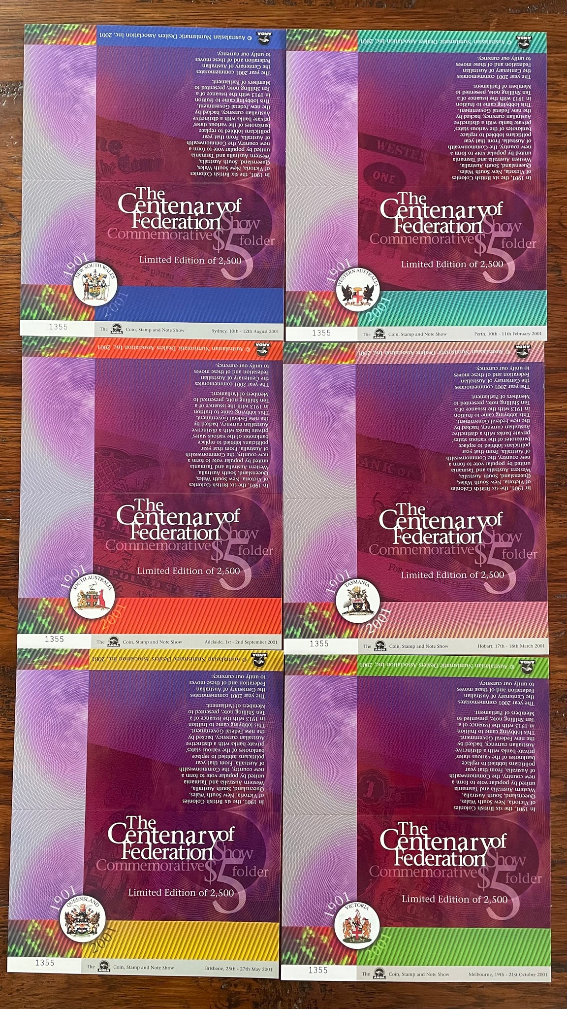 Australia 2001 ANDA set of 6 Federation $5 Polymer Banknote Folders.