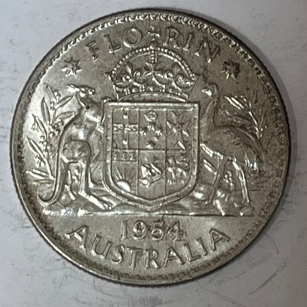 Australia 1954 2/- Florin Silver Coin About Uncirculated