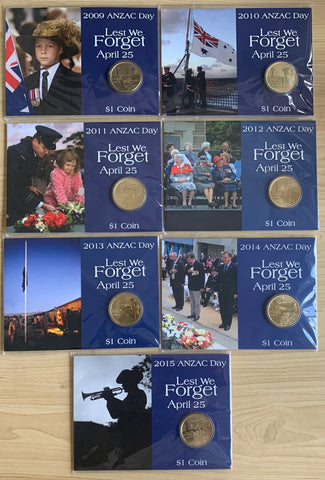 Australia 2009-2015 Perth Mint Lest We Forget Anzac day April 25th $1 uncirculated coins Set 7