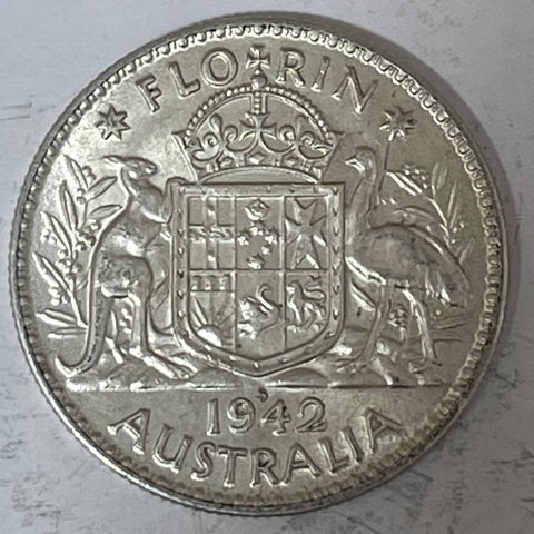 Australia 1942s Mint 2/- Florin Silver Coin about Uncirculated