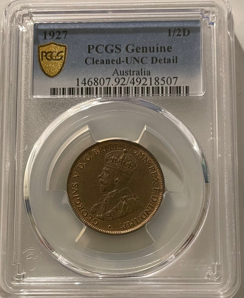 Australia 1927 Half Penny 1/2d PCGS Graded Cleaned Uncirculated
