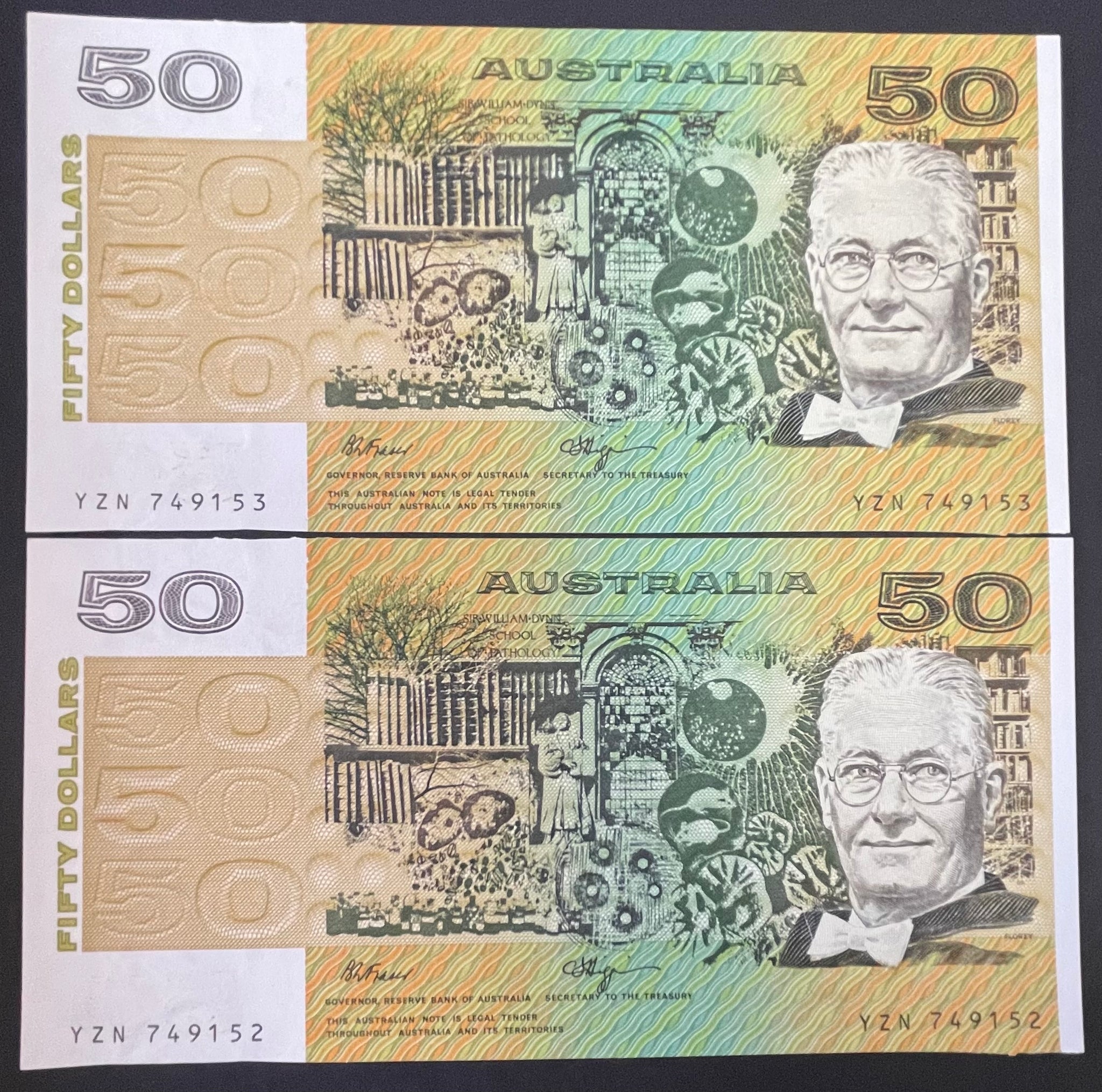 Australia 1990 $50 Fraser Higgins Banknote Uncirculated Pair R512