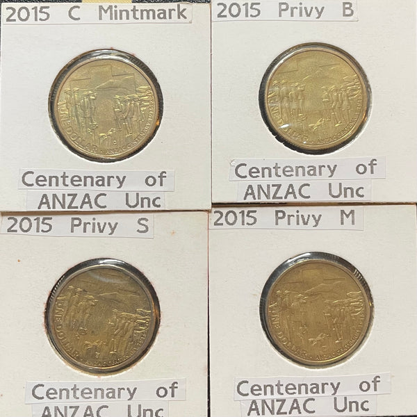 2015 Royal Australian Mint $1 ANZAC CENTENARY Dollar Uncirculated Privy Mark Set of 4