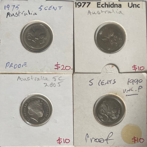 Australia 1975, 1977, 1990 & 2005 Proof Five Cents 5c Coins