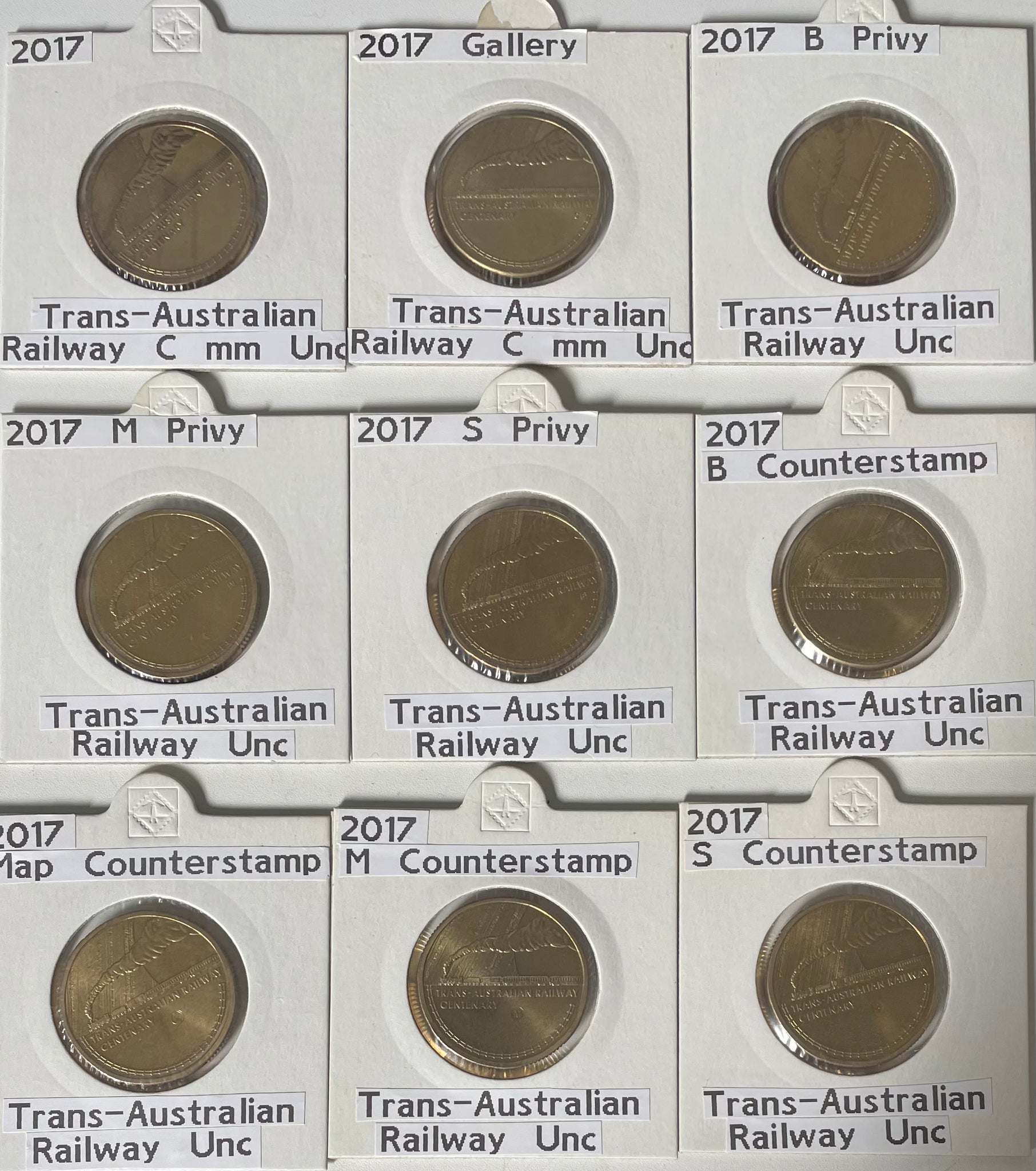 2017 $1 Centenary Of The Trans-Australian  Railway Set of 9 Counterstamp and Privy Mark Coins