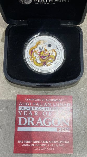 Australia 2012 Year of the Dragon ANDA Melbourne Show .999 1oz Coloured Silver Coin