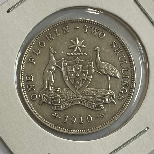 Australia 1910 2/- Florin Silver Coin Very Fine Condition