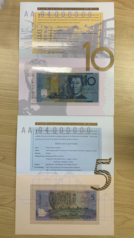 Australia 1994 $5 and $10 Banknotes Matching Red Serial Numbers In Premium official folders.