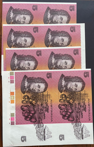 Australia 1991 $5 Fraser Higgins Five Dollars Banknote uncut Pairs x 4. R212