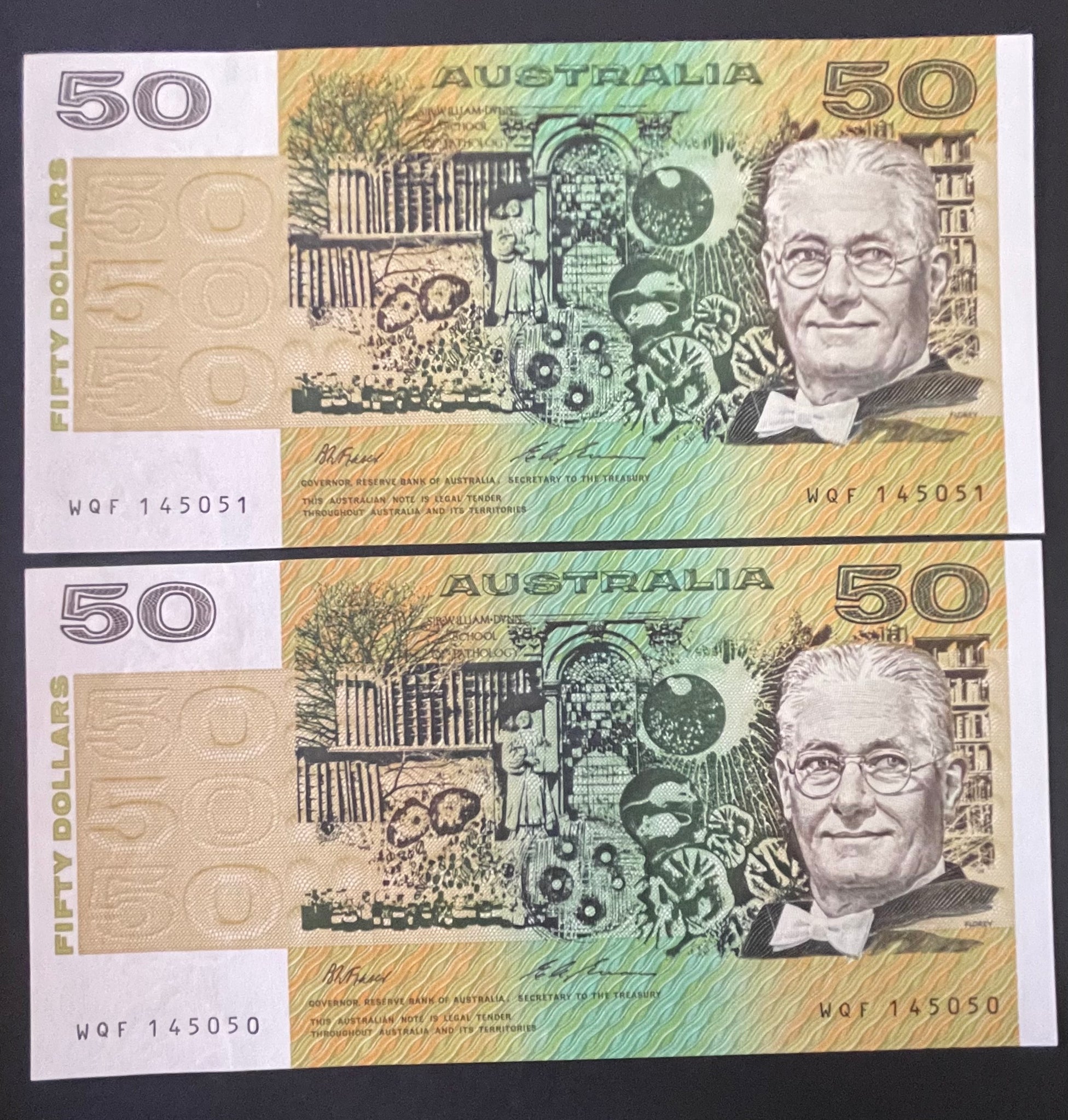 Australia 1993 $50 Florey, Fraser/Evans Uncirculated Banknote Pair R515