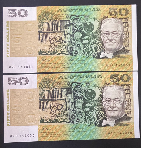 Australia 1993 $50 Florey, Fraser/Evans Uncirculated Banknote Pair R515