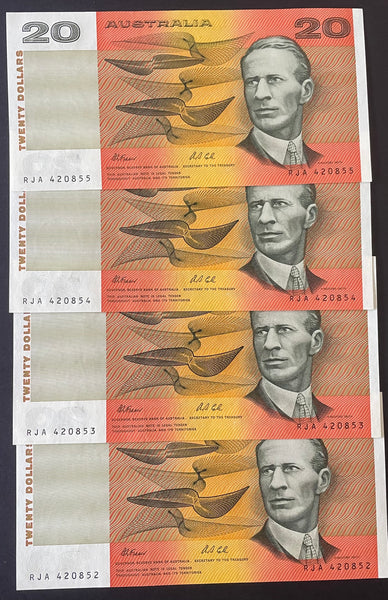 Australia 1991 $20 Fraser Cole Run of 4 Uncirculated Banknotes R413