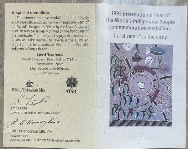 Australia Royal Australian Mint 1993 ATSIC International Year of the World's Indigenous People Medallion