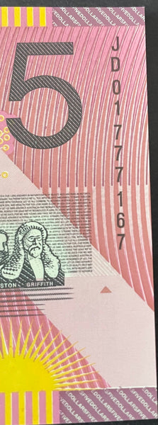 Australia $5 Federation Henry Parks/Catherine Spence JD01 Last Prefix Polymer Uncirculated R219L