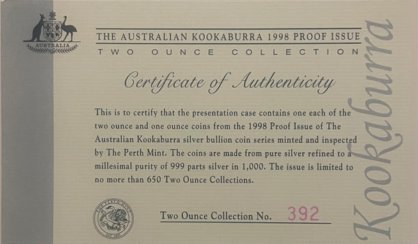 Australia 1998 Perth Mint Kookaburra 1oz & 2oz .999 Silver Proof Coin Set