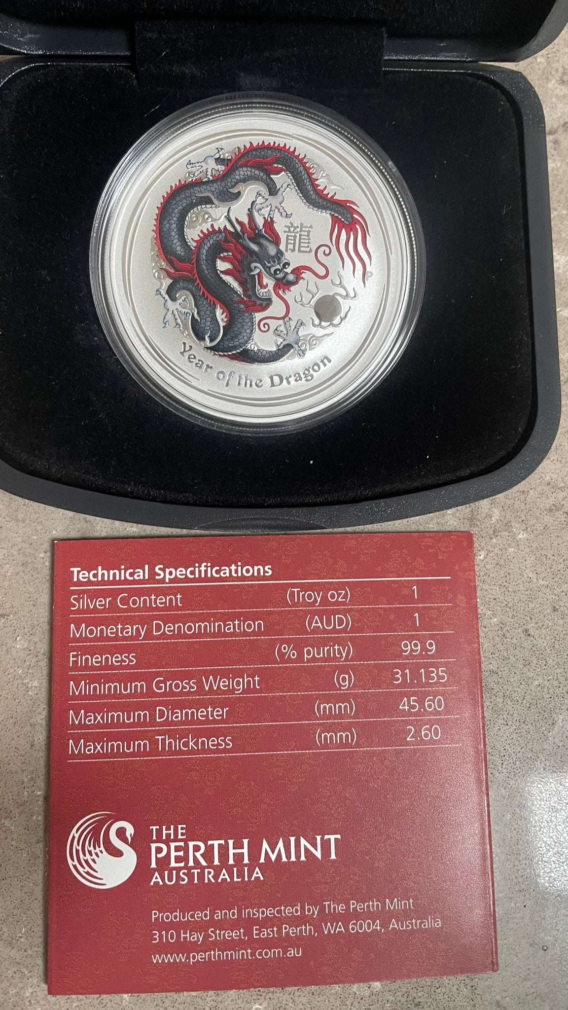 Australia 2012 Year of the Dragon "World Money Fair " .999 1oz Coloured Silver Coin