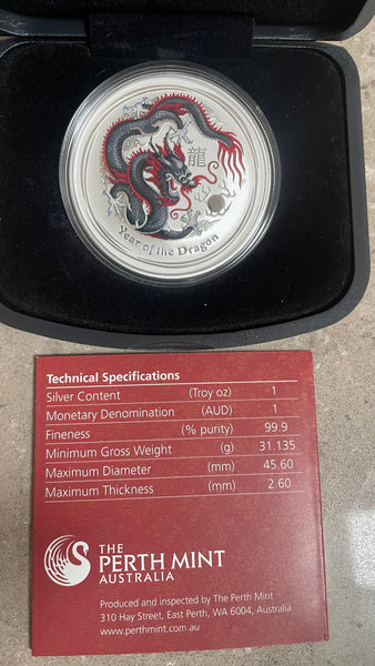 Australia 2012 Year of the Dragon "World Money Fair " .999 1oz Coloured Silver Coin