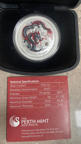 Australia 2012 Year of the Dragon "World Money Fair " .999 1oz Coloured Silver Coin
