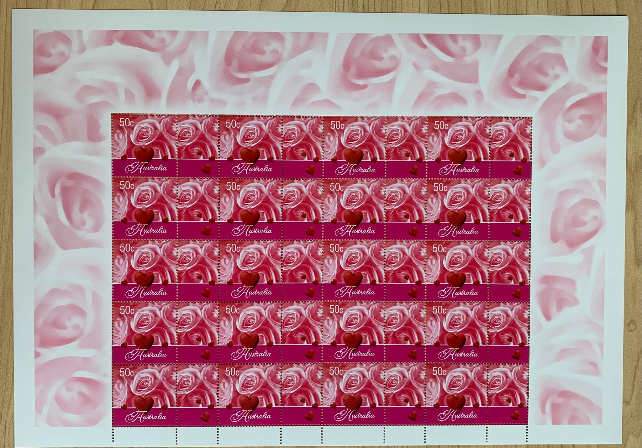 2003 Australia 50c Greetings Hearts & Pink Roses Sheet