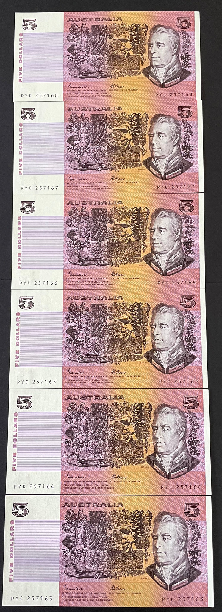 Australia 1985 $5 Johnston Fraser OCRB Serials Banknote Uncirculated Run of 6. R209a