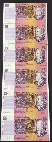 Australia 1985 $5 Johnston Fraser OCRB Serials Banknote Uncirculated Run of 6. R209a