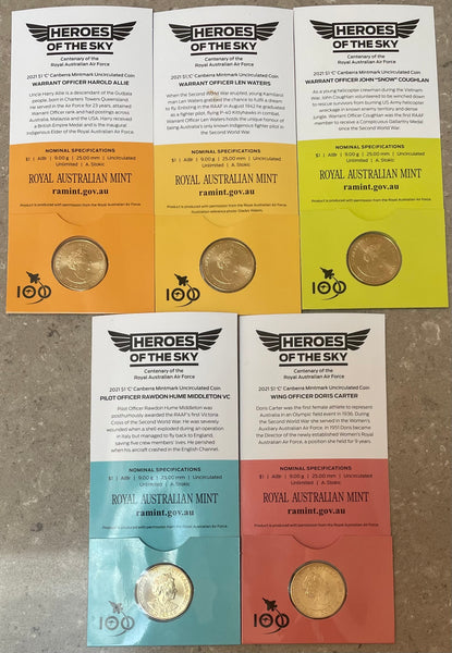 Australia 2021 Royal Australian Mint $1 Heroes of the Sky Set of 5 Uncirculated Coins