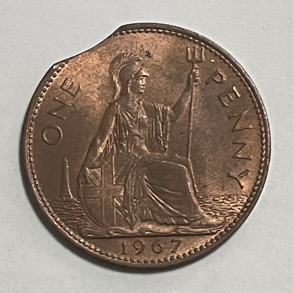 UK Great Britain 1967 Queen Elizabeth "Clipped Planchet" Error Penny 1d Coin Uncirculated