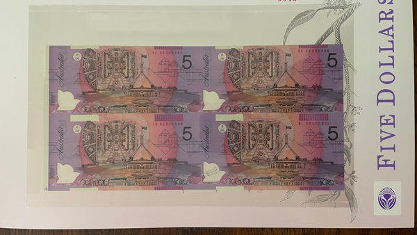 Australia 1996 $5 Polymer Fraser/Evans Uncut Block of 4 Red serial number Banknote