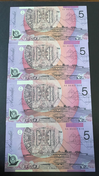 Australia 1995 $5 Evans Fraser Polymer Banknote Uncirculated Run of 4. R217AA