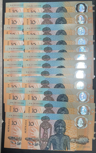Australia 1988 $10 Bicentenary Commemorative Dated First Polymer Banknote Set of 24 Prefixes