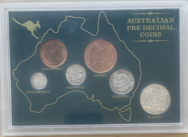 Australia Pre Decimal 6 Coin Set in Green Perspex Case