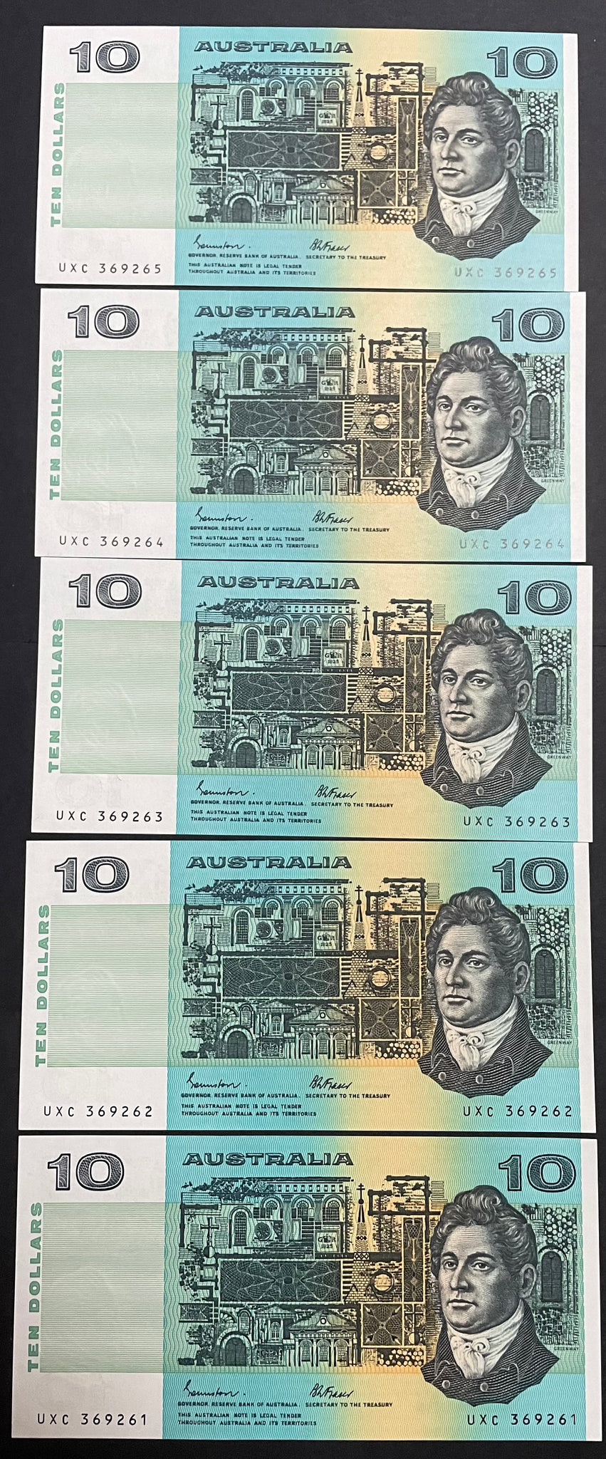 Australia $10 Banknote Johnston Fraser Run of 5. R309