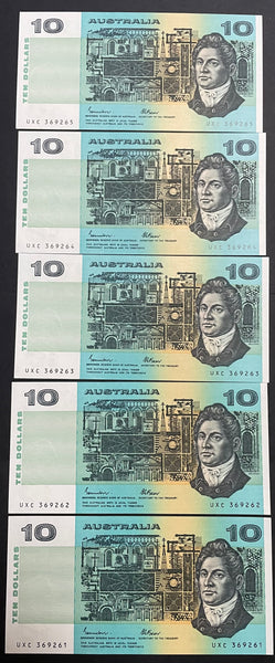 Australia $10 Banknote Johnston Fraser Run of 5. R309
