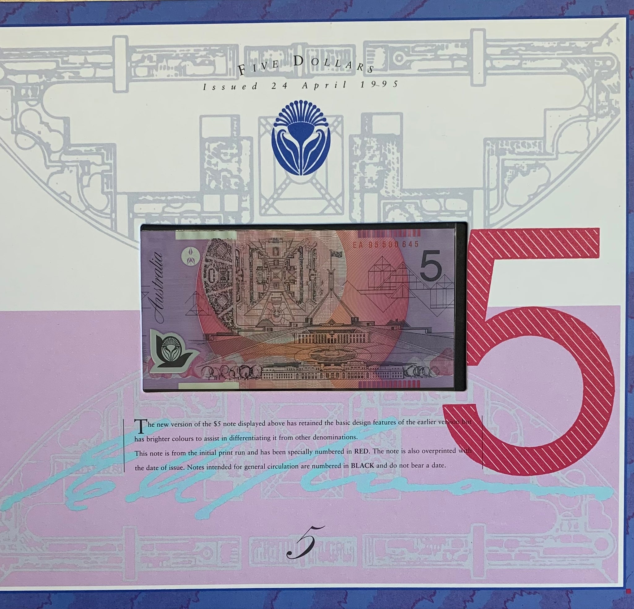 Australia 1992 and 1995 $5 Polymer Banknotes matching serial numbers Portfolio