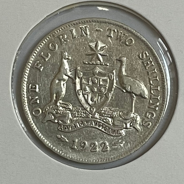 Australia 1922 2/- Florin Silver Coin Very Fine Condition