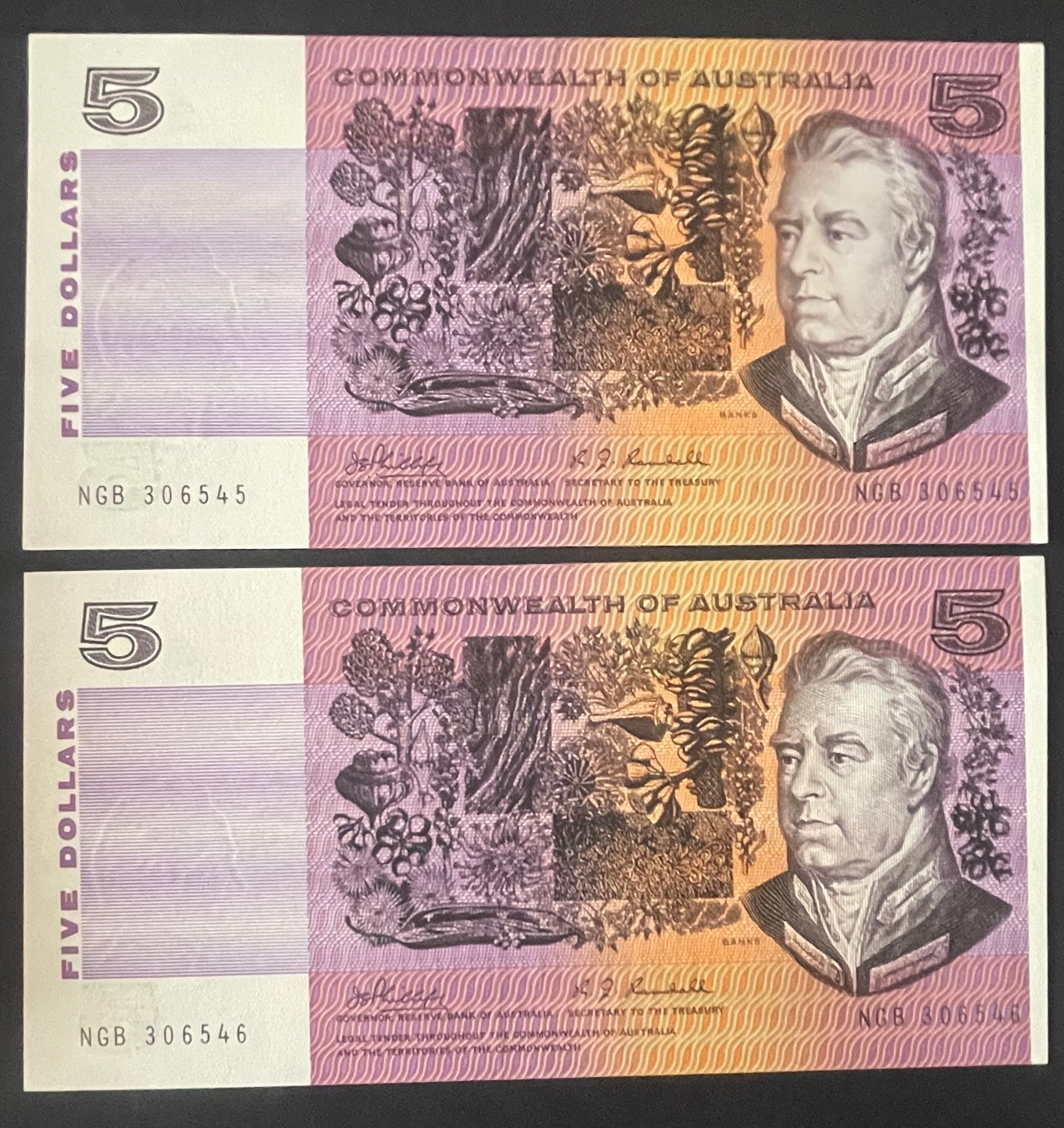 Australia 1985 $5 Johnston Fraser Gothic Serials Banknote Uncirculated Run of 6. R209b