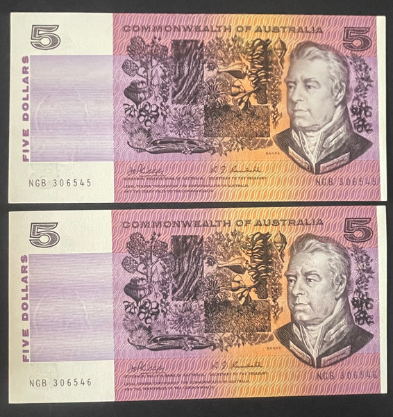 Australia 1985 $5 Johnston Fraser Gothic Serials Banknote Uncirculated Run of 6. R209b