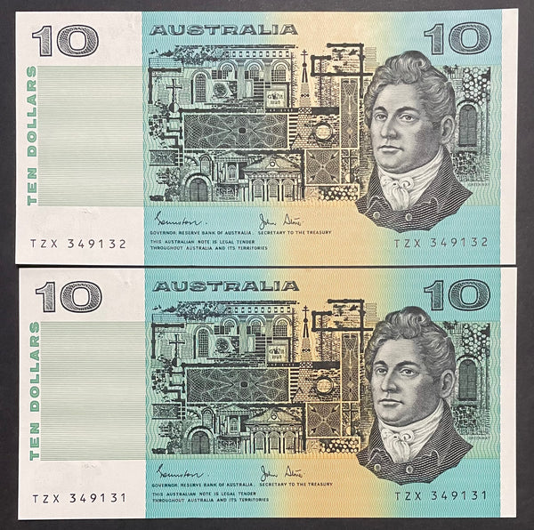 Australia $10 Banknote Johnston/Stone Uncirculated Pair R308