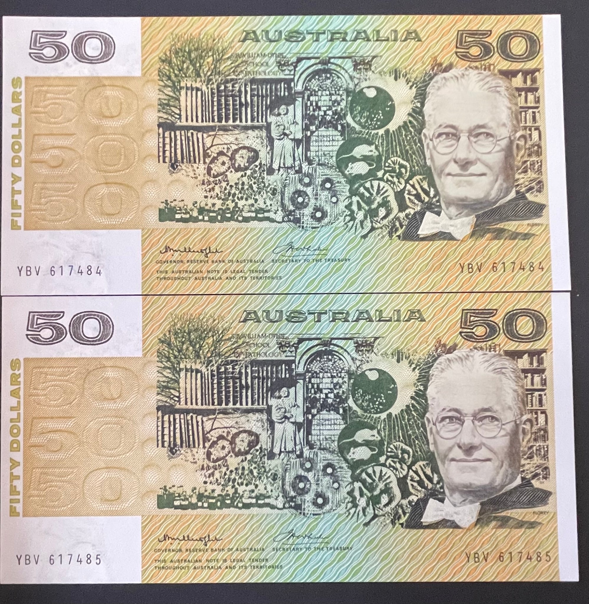 Australia $50 Knight Wheeler Centre Thread Banknote Uncirculated Pair R506a