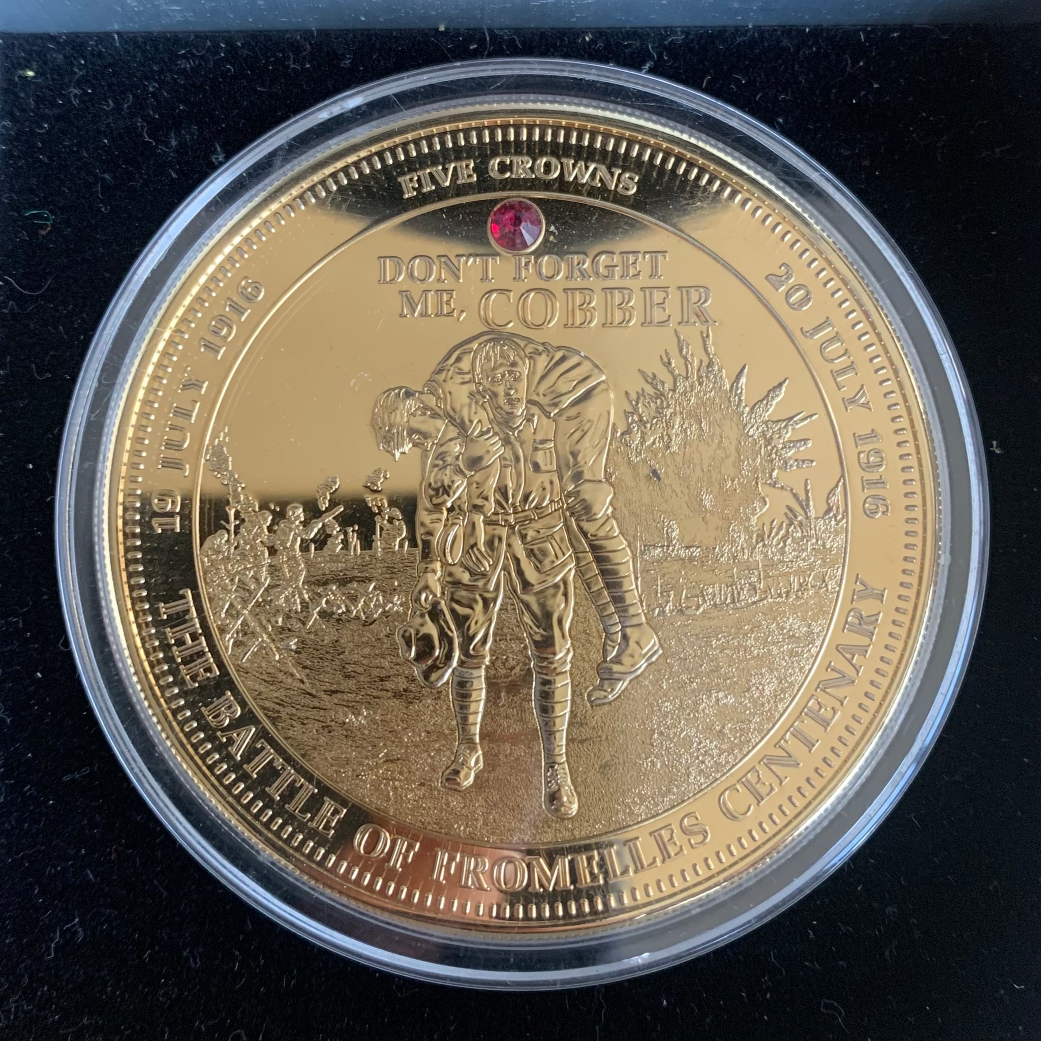 2016 Tristan Da Cunha Battle of Fromelles Centenary 5 Crowns Gold Plated  Coin with Gemstone