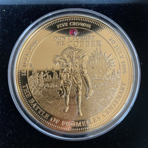 2016 Tristan Da Cunha Battle of Fromelles Centenary 5 Crowns Gold Plated  Coin with Gemstone