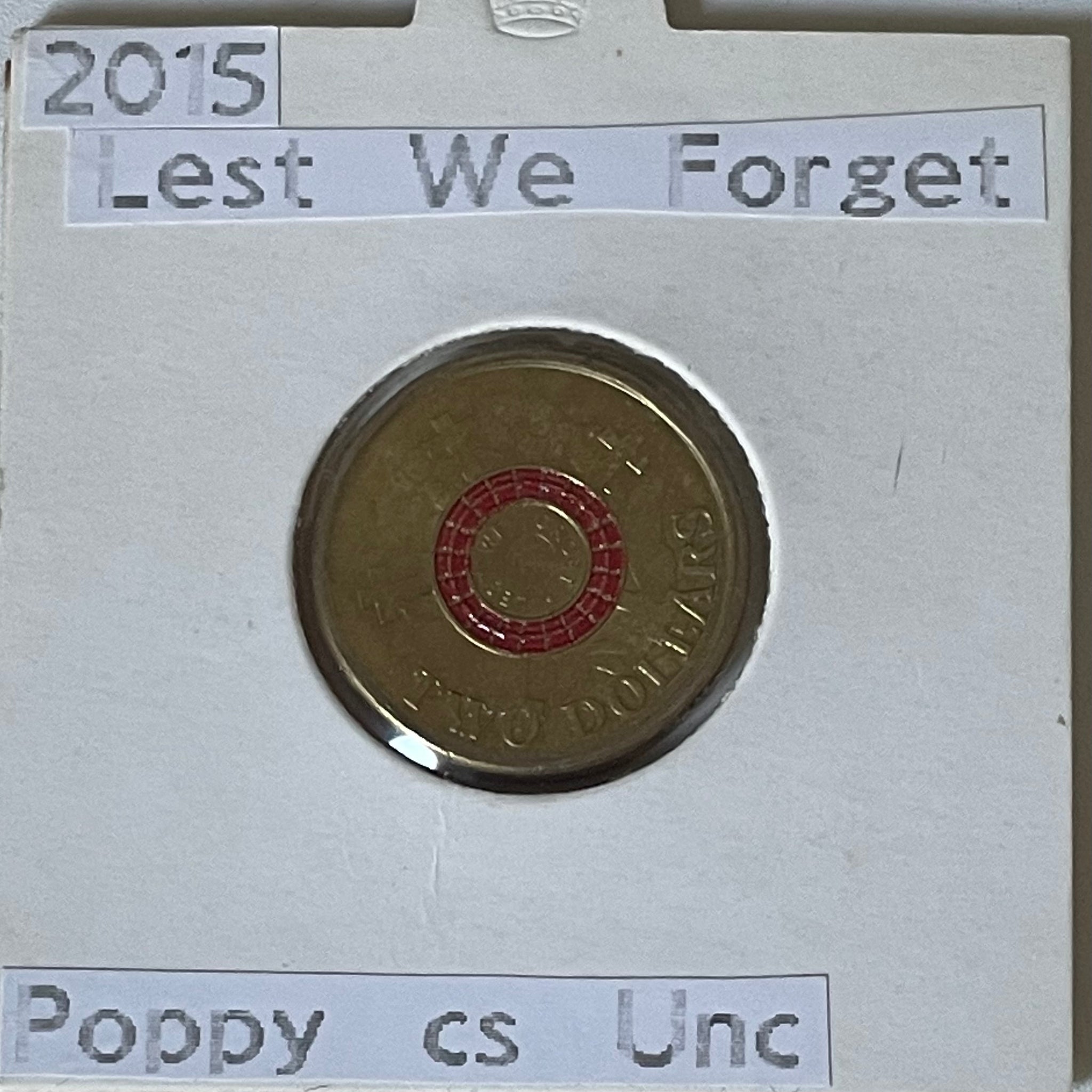 Australia 2015 Coloured $2 Lest We Forget Poppy Counterstamp Coin in 2 x 2
