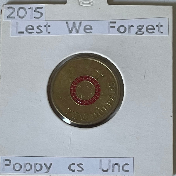 Australia 2015 Coloured $2 Lest We Forget Poppy Counterstamp Coin in 2 x 2