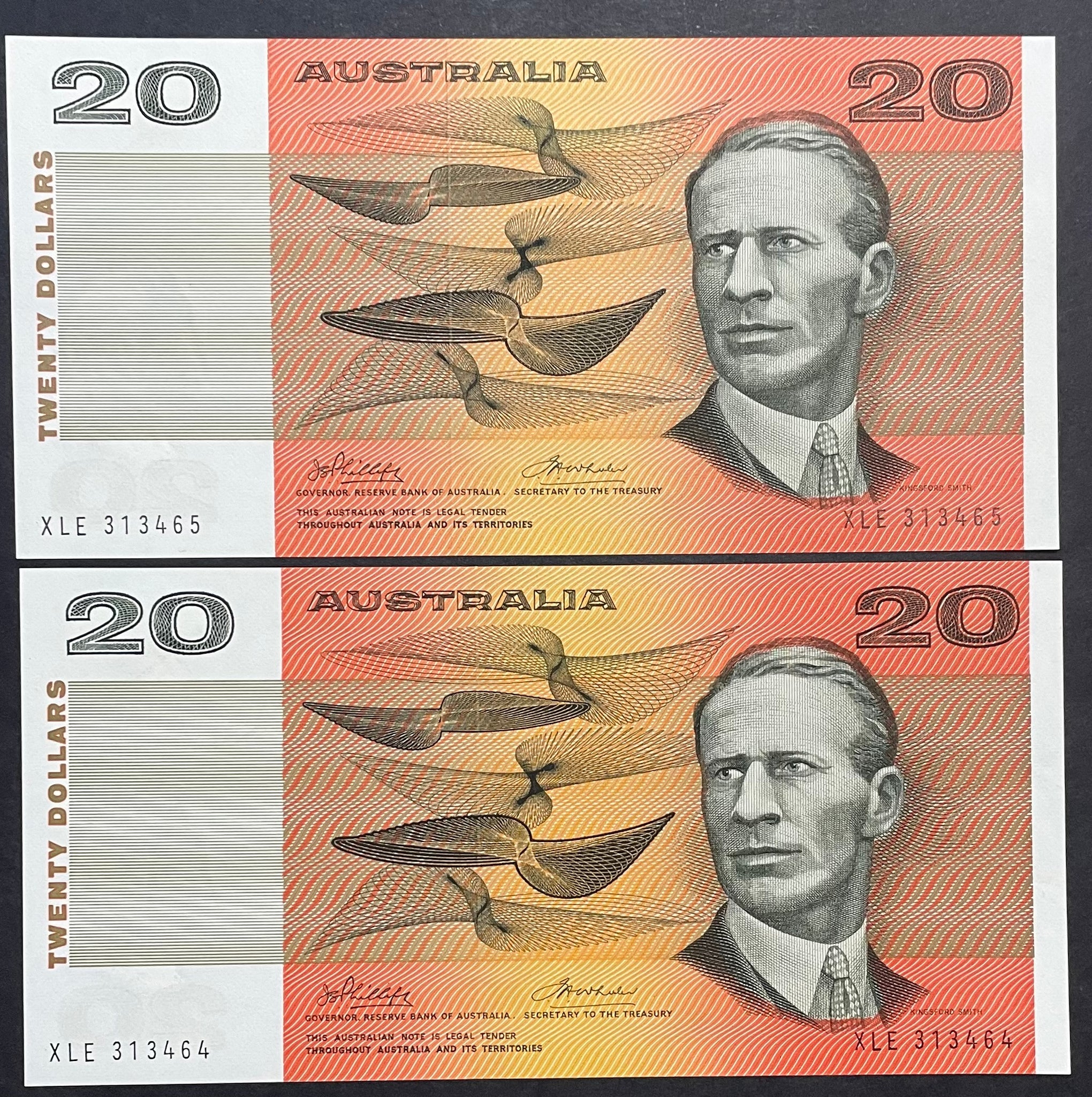 Australia 1974 $20 Phillips Wheeler Consecutive Pair Banknotes R405